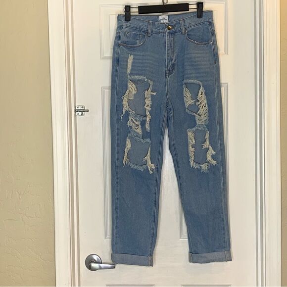 Princess Polly Distressed High Rise Rolled Cuff Jeans Size 8 - Picture 3 of 8
